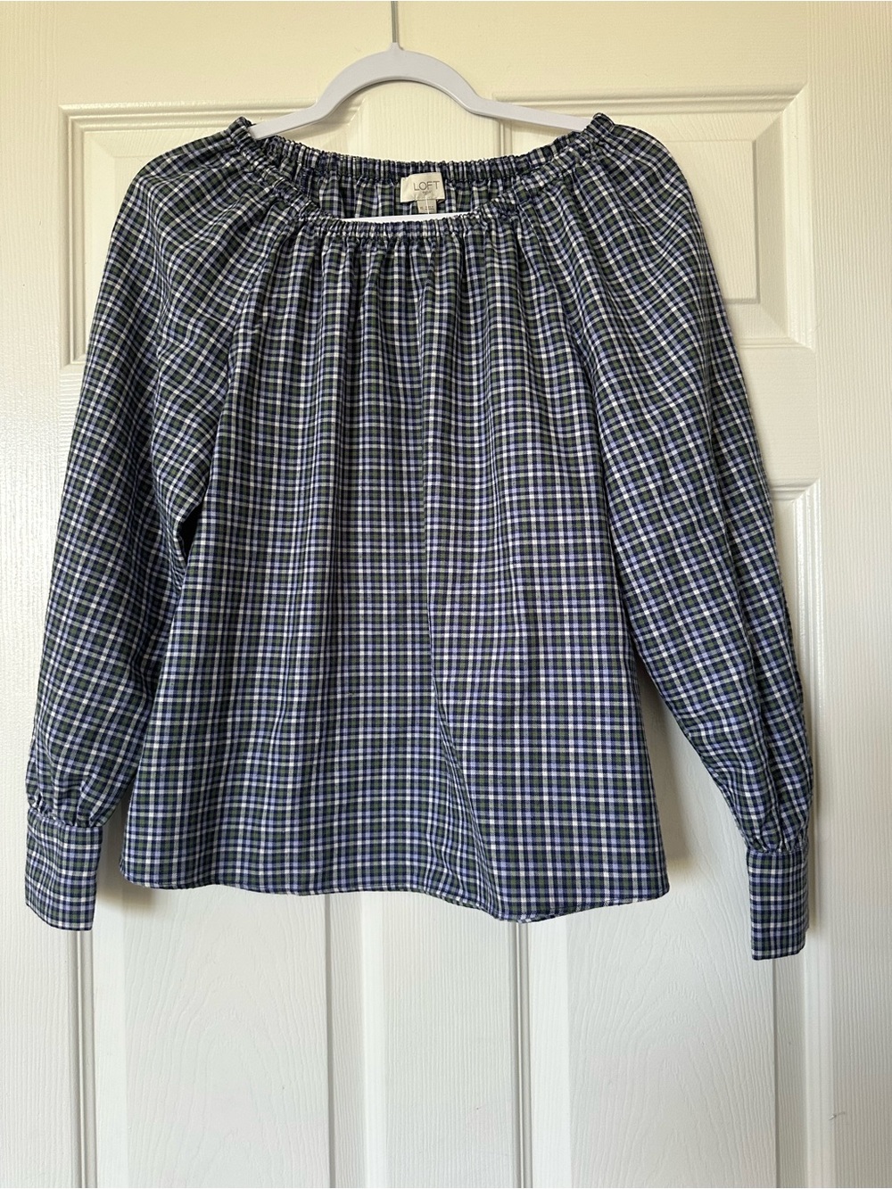 LOFT Ann Taylor Off the Shoulder Plaid Long Sleeve Top